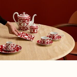 Authentic Hermes Balcon Du Guadalquivir Red and White Tea Set